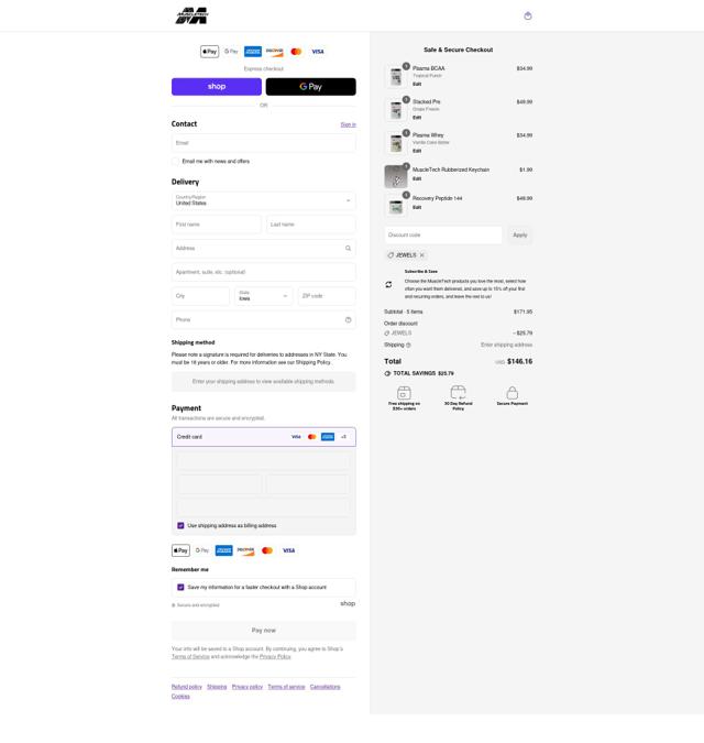 MuscleTech checkout page showing MuscleTech promo code box | Screenshot taken by SimplyCodes community member on Sep 11, 2025