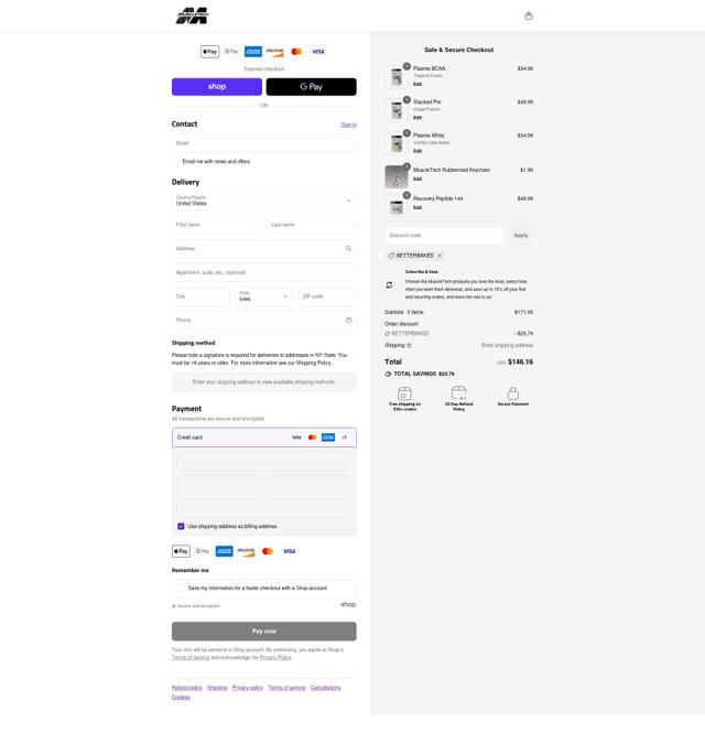 MuscleTech checkout page showing MuscleTech promo code box | Screenshot taken by SimplyCodes community member on Sep 11, 2025
