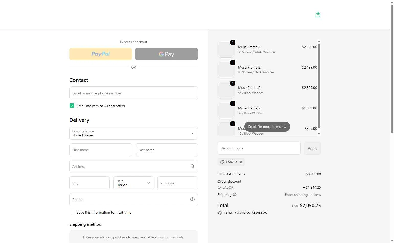Muse Frame checkout page showing Muse Frame promo code box | Screenshot taken by SimplyCodes community member on Oct 13, 2025
