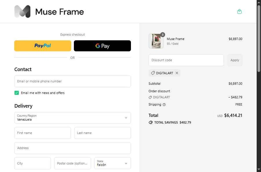 Muse Frame checkout page showing Muse Frame promo code box | Screenshot taken by SimplyCodes community member on Sep 11, 2025
