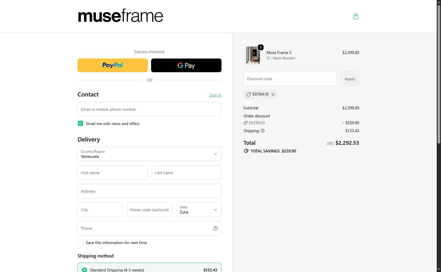 Muse Frame checkout page showing Muse Frame promo code box | Screenshot taken by SimplyCodes community member on Dec 27, 2025