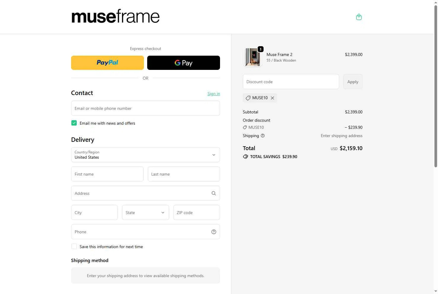 Muse Frame checkout page showing Muse Frame promo code box | Screenshot taken by SimplyCodes community member on Oct 27, 2025