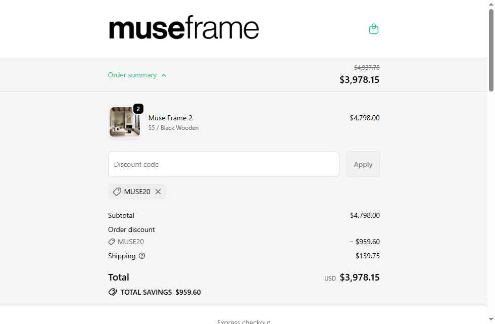 Muse Frame checkout page showing Muse Frame promo code box | Screenshot taken by SimplyCodes community member on Feb 5, 2026