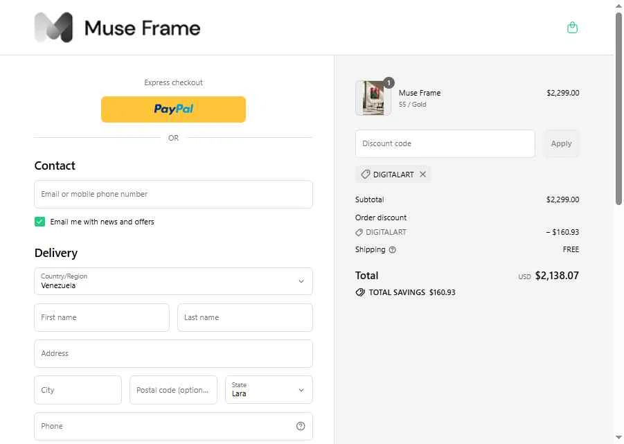 Muse Frame checkout page showing Muse Frame promo code box | Screenshot taken by SimplyCodes community member on Aug 13, 2025