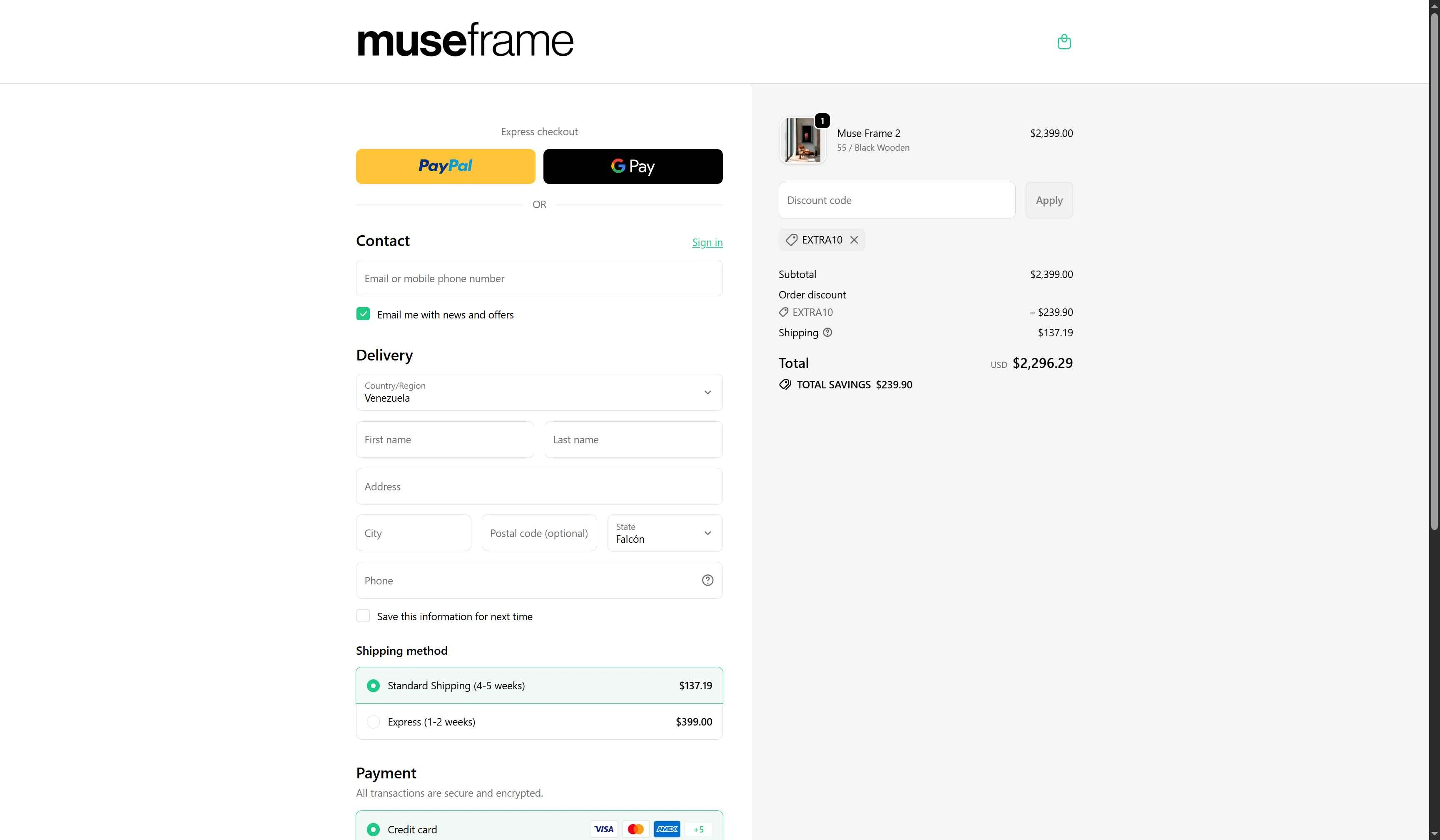 Muse Frame checkout page showing Muse Frame promo code box | Screenshot taken by SimplyCodes community member on Jan 25, 2026