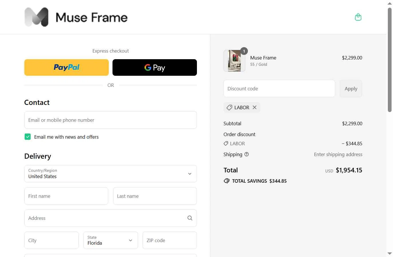 Muse Frame checkout page showing Muse Frame promo code box | Screenshot taken by SimplyCodes community member on Sep 14, 2025