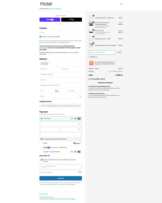 Muse Headband checkout page showing Muse Headband discount code box | Screenshot taken by SimplyCodes community member on Jun 25, 2025