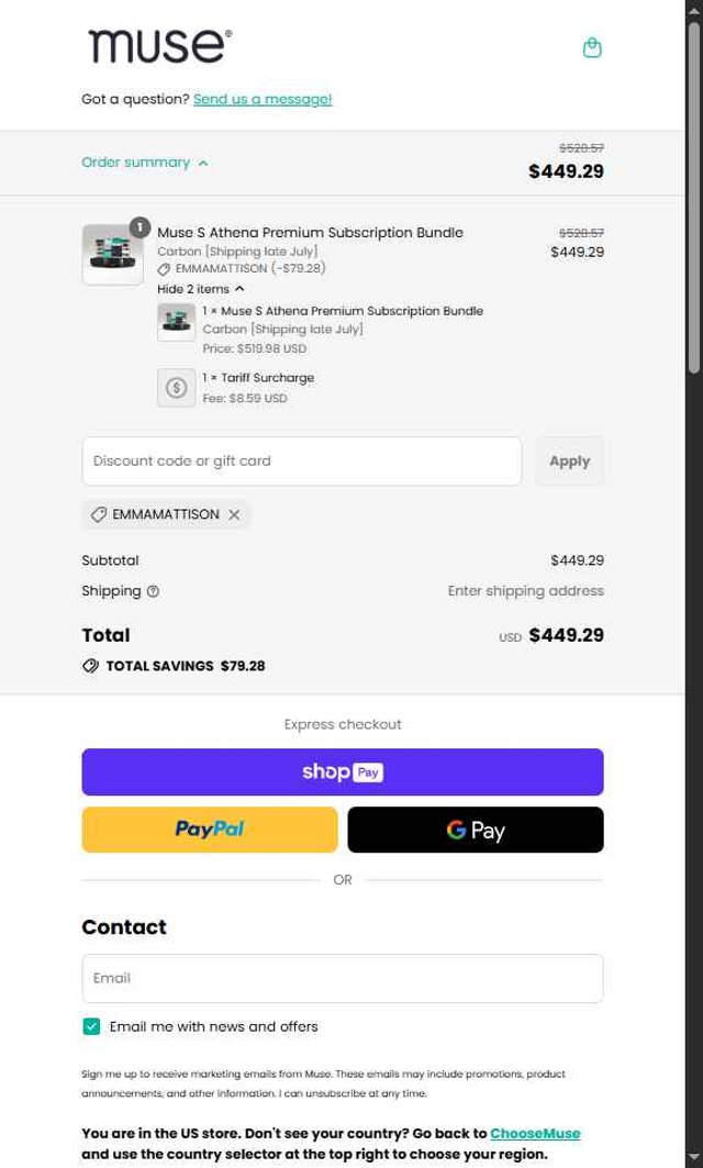 Muse Headband checkout page showing Muse Headband discount code box | Screenshot taken by SimplyCodes community member on Jul 9, 2025