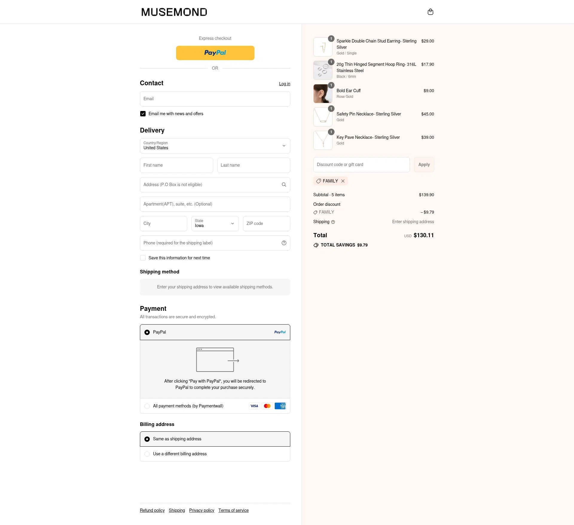 Musemond checkout page showing Musemond discount code box | Screenshot taken by SimplyCodes community member on Aug 13, 2025