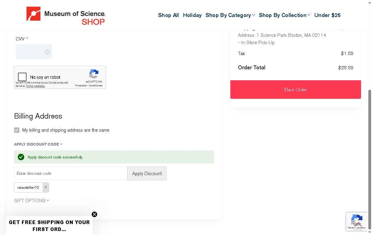 Museum of Science checkout page showing Museum of Science promo code box | Screenshot taken by SimplyCodes community member on Jan 2, 2026