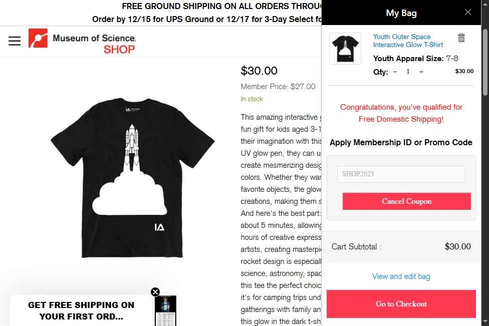 Museum of Science checkout page showing Museum of Science promo code box | Screenshot taken by SimplyCodes community member on Dec 15, 2025