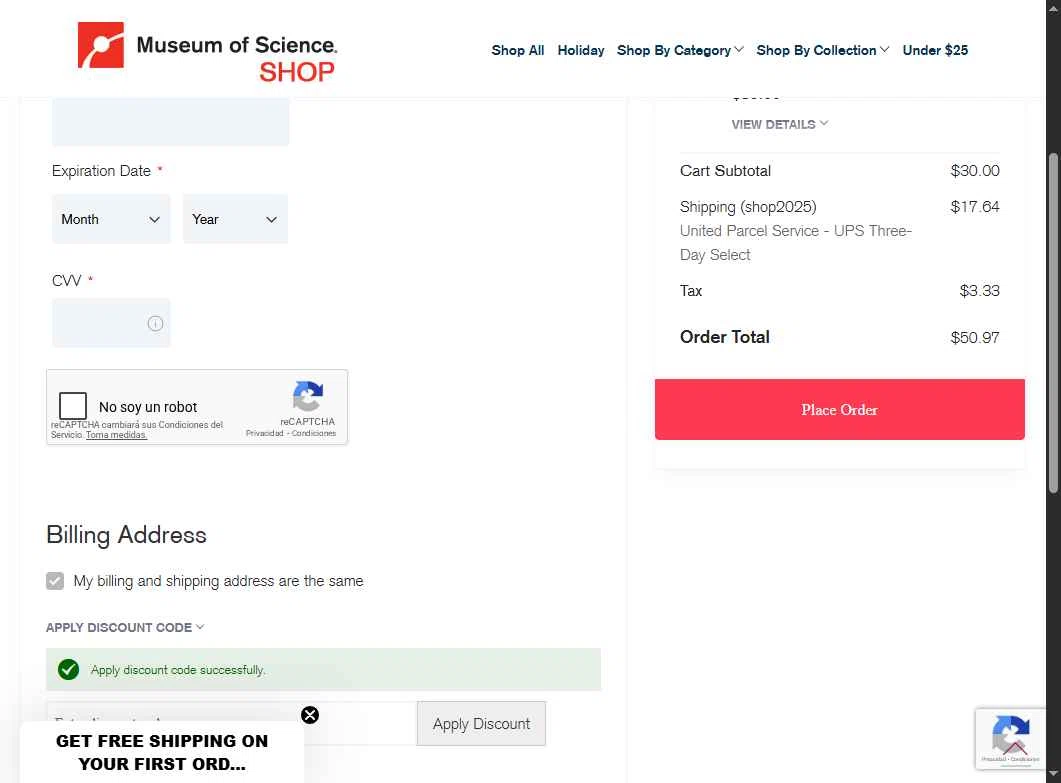 Museum of Science checkout page showing Museum of Science promo code box | Screenshot taken by SimplyCodes community member on Dec 15, 2025