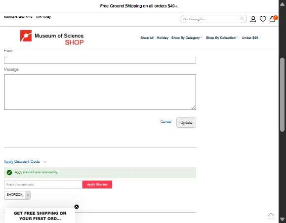 Museum of Science checkout page showing Museum of Science promo code box | Screenshot taken by SimplyCodes community member on Jan 13, 2026