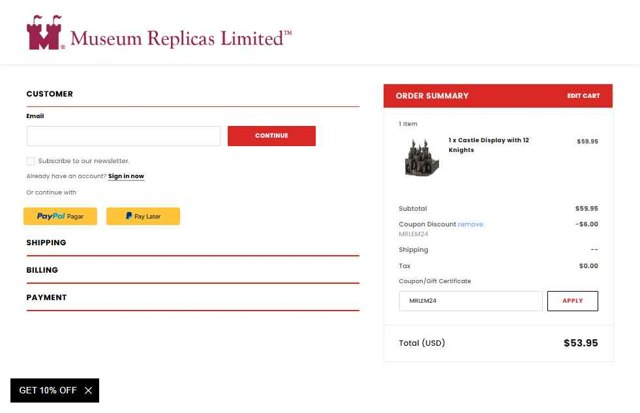 Museum Replicas checkout page showing Museum Replicas coupon code box | Screenshot taken by SimplyCodes community member on May 27, 2025