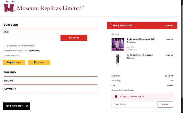 Museum Replicas checkout page showing Museum Replicas coupon code box | Screenshot taken by SimplyCodes community member on Aug 26, 2025