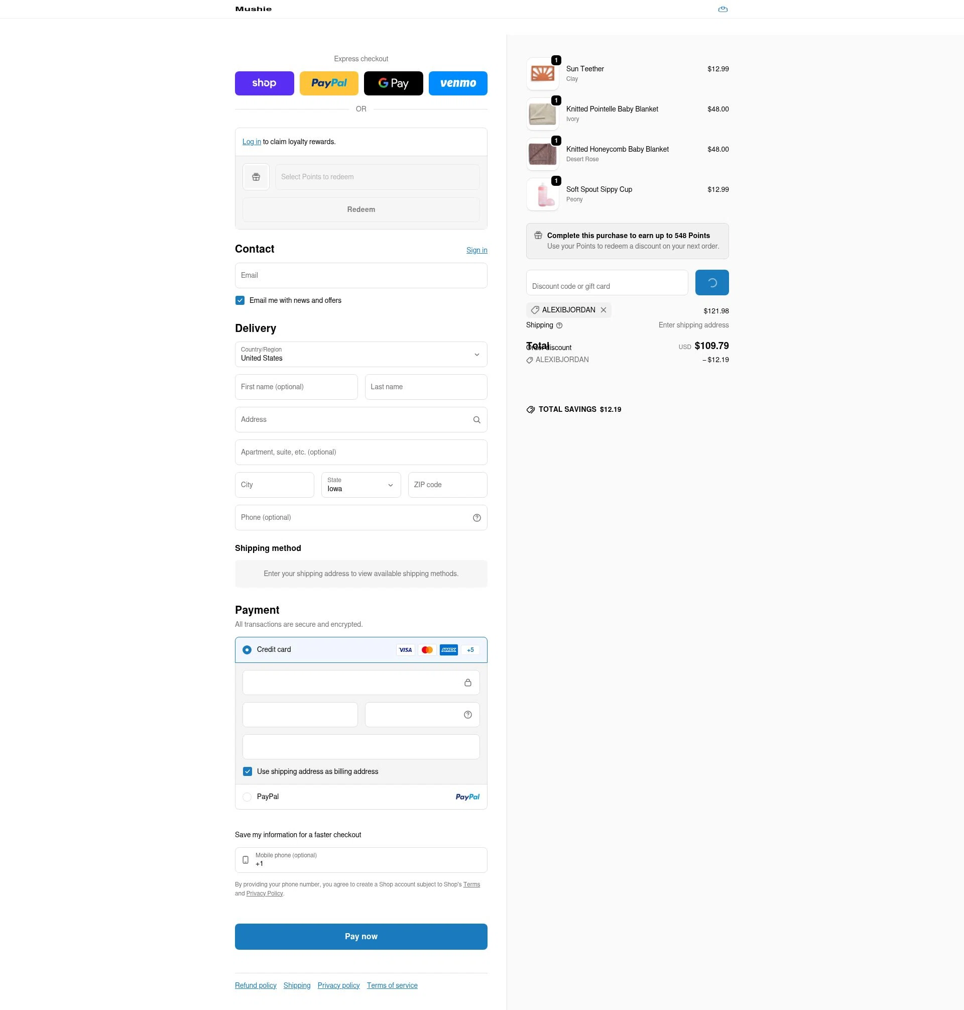 Mushie checkout page showing Mushie discount code box | Screenshot taken by SimplyCodes community member on Feb 2, 2026