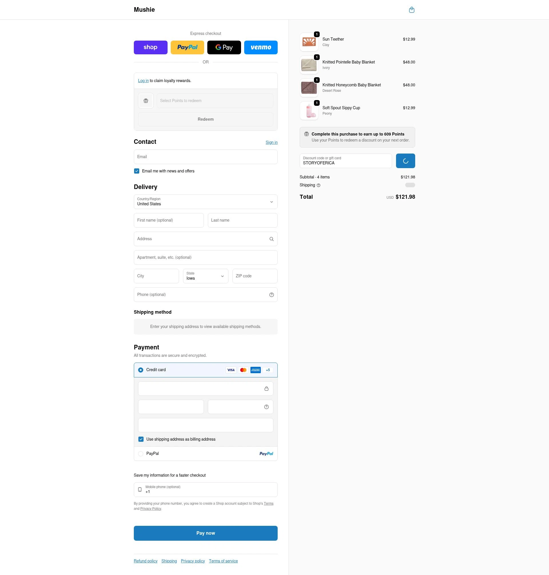 Mushie checkout page showing Mushie discount code box | Screenshot taken by SimplyCodes community member on Feb 6, 2026