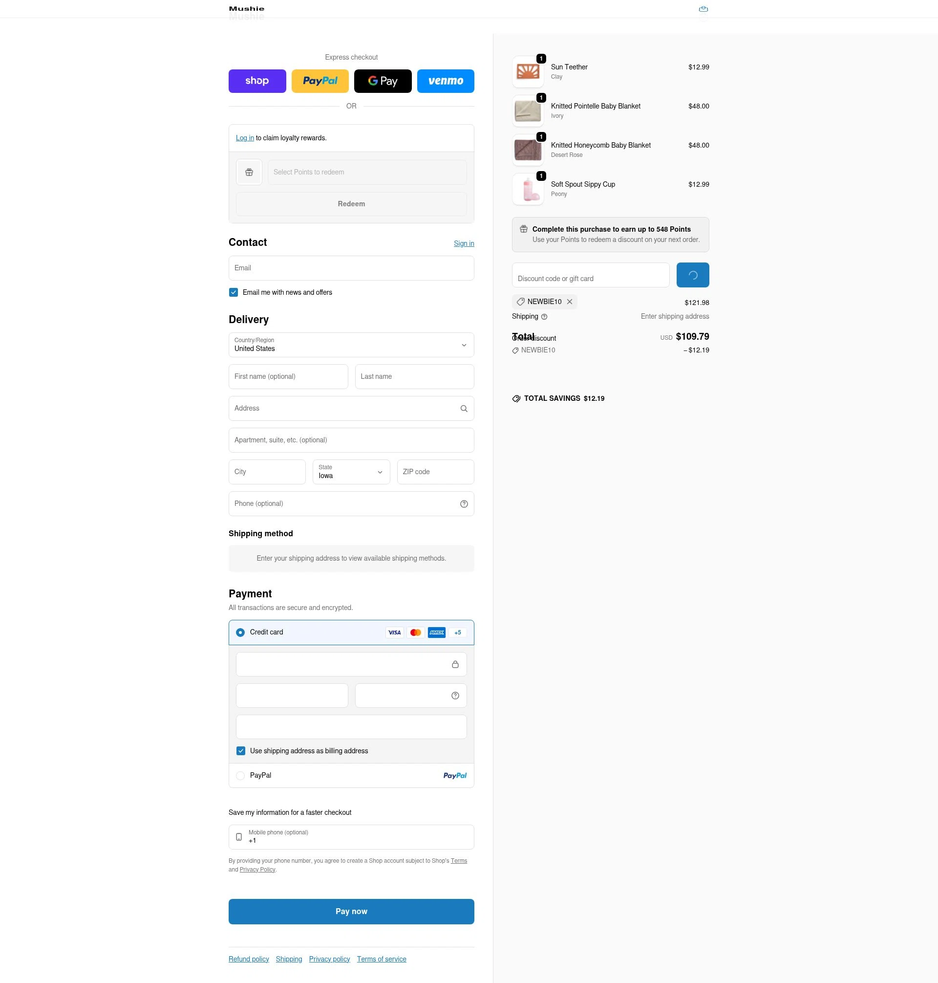 Mushie checkout page showing Mushie discount code box | Screenshot taken by SimplyCodes community member on Feb 2, 2026