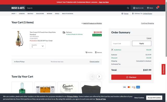 Music & Arts checkout page showing Music & Arts promo code box | Screenshot taken by SimplyCodes community member on Aug 28, 2025