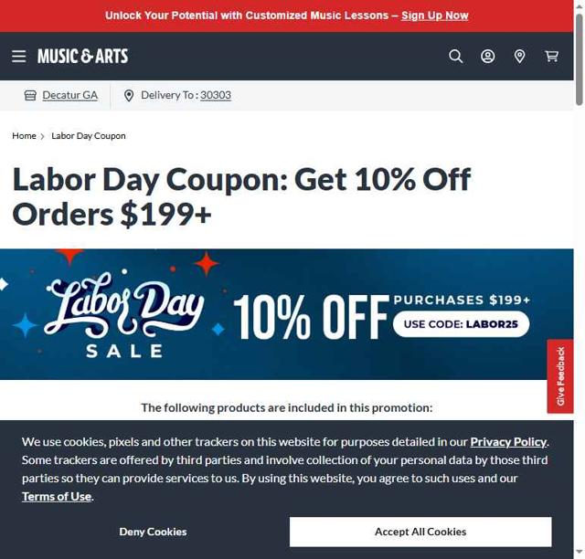 Music & Arts checkout page showing Music & Arts promo code box | Screenshot taken by SimplyCodes community member on Sep 8, 2025