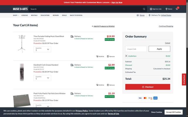 Music & Arts checkout page showing Music & Arts promo code box | Screenshot taken by SimplyCodes community member on Aug 16, 2025