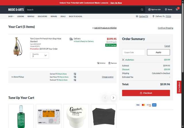 Music & Arts checkout page showing Music & Arts promo code box | Screenshot taken by SimplyCodes community member on Aug 25, 2025