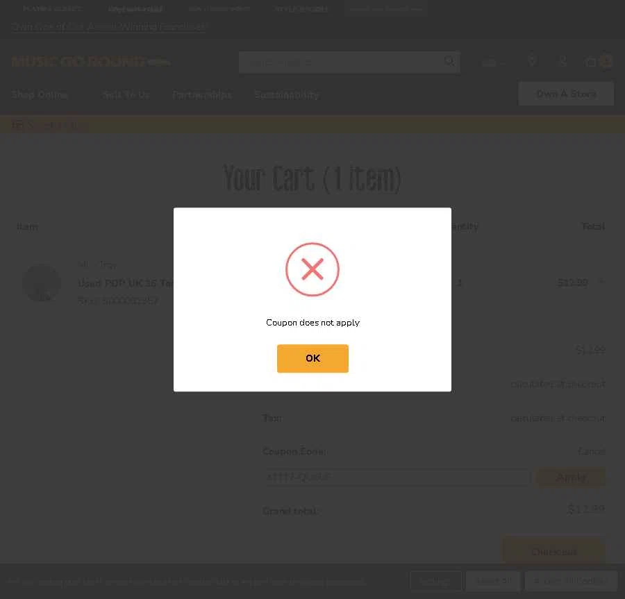 Music Go Round checkout page showing Music Go Round promo code box | Screenshot taken by SimplyCodes community member on Jan 23, 2026