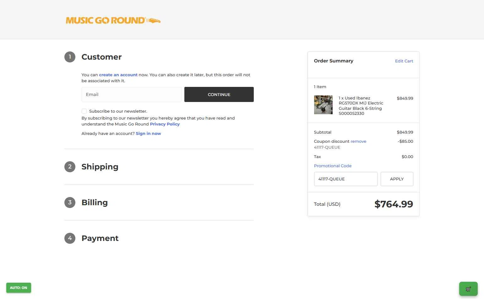 Music Go Round checkout page showing Music Go Round promo code box | Screenshot taken by SimplyCodes community member on Dec 30, 2025