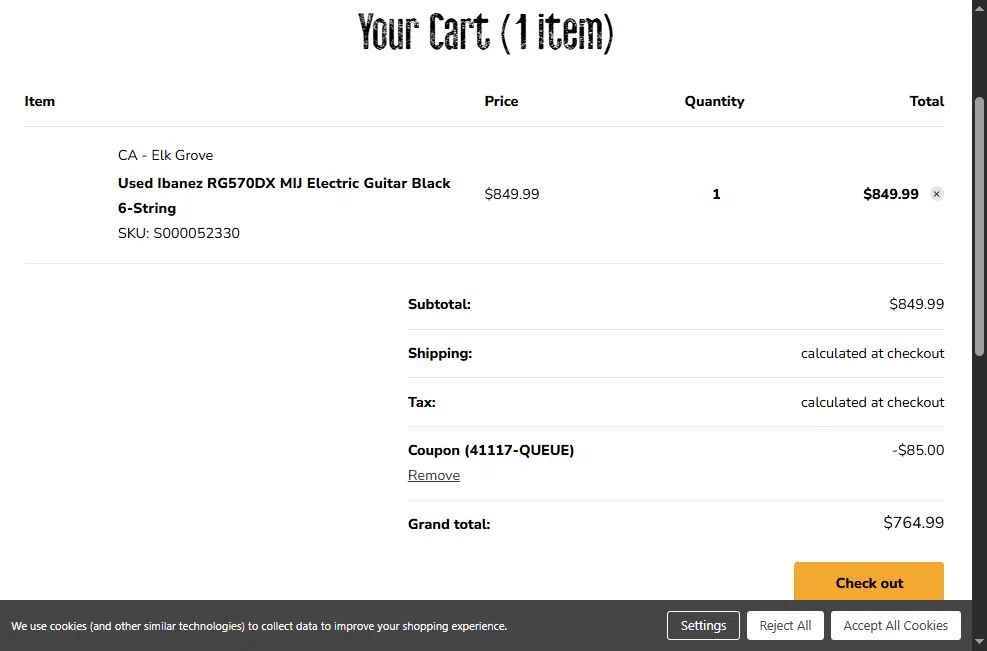 Music Go Round checkout page showing Music Go Round promo code box | Screenshot taken by SimplyCodes community member on Jan 7, 2026