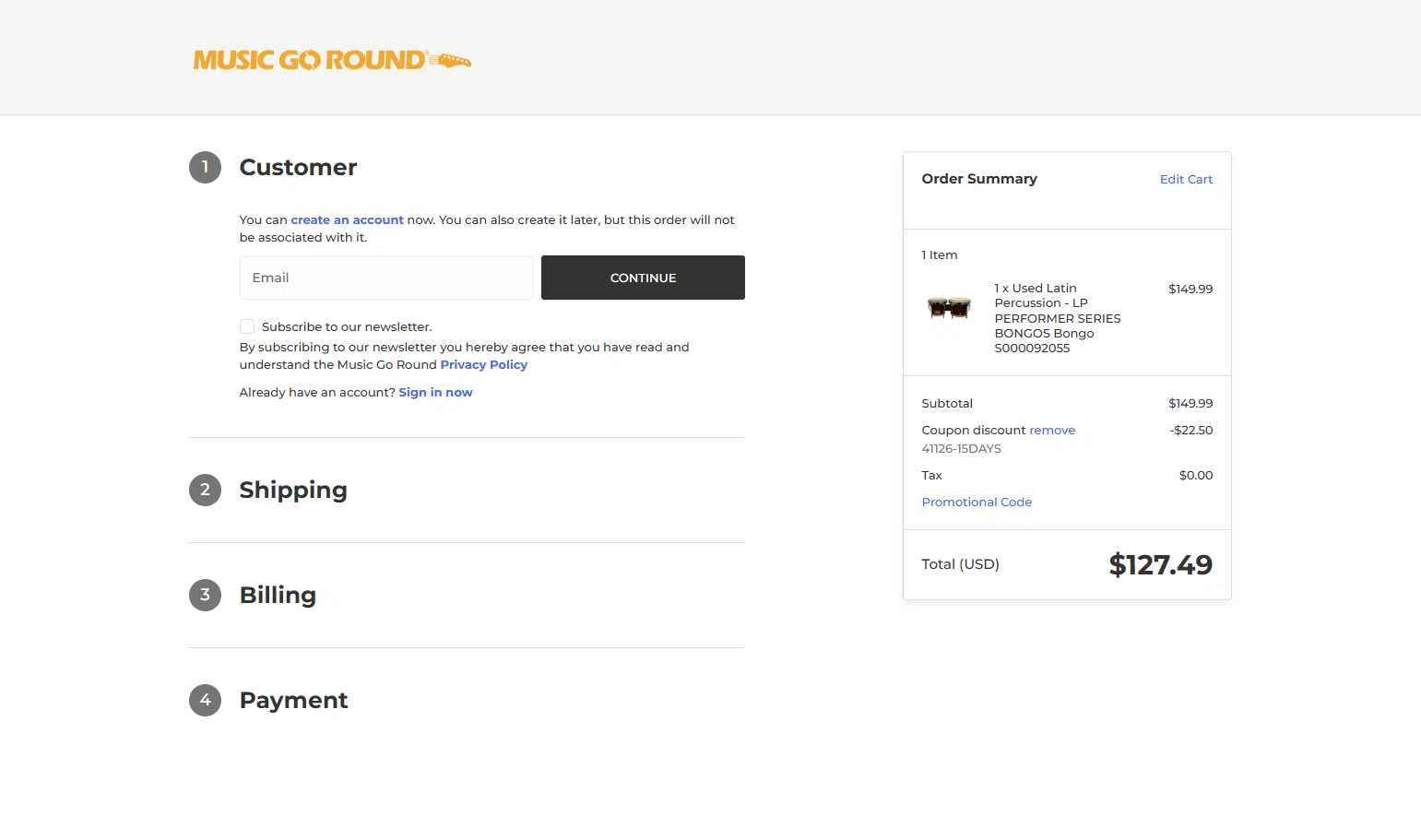 Music Go Round checkout page showing Music Go Round promo code box | Screenshot taken by SimplyCodes community member on Dec 26, 2025