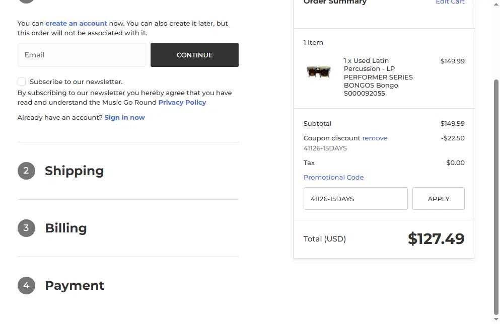 Music Go Round checkout page showing Music Go Round promo code box | Screenshot taken by SimplyCodes community member on Dec 29, 2025