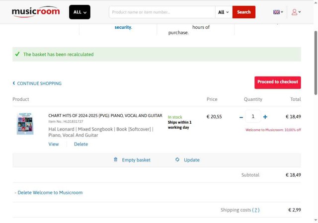 MusicRoom.com checkout page showing MusicRoom.com discount code box | Screenshot taken by SimplyCodes community member on Jul 12, 2025