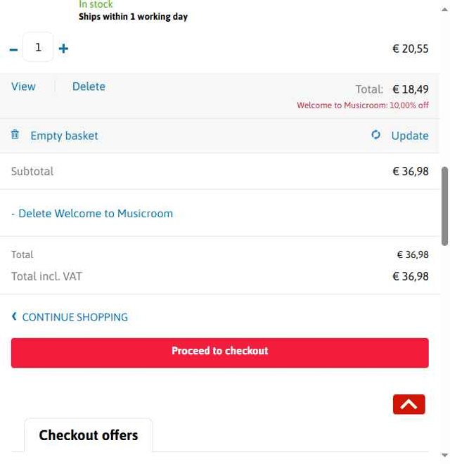 MusicRoom.com checkout page showing MusicRoom.com discount code box | Screenshot taken by SimplyCodes community member on Jul 12, 2025