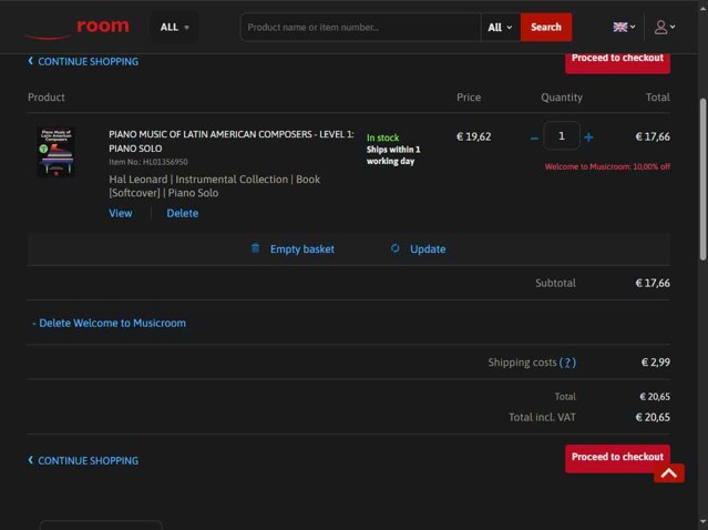 MusicRoom.com checkout page showing MusicRoom.com discount code box | Screenshot taken by SimplyCodes community member on Aug 13, 2025
