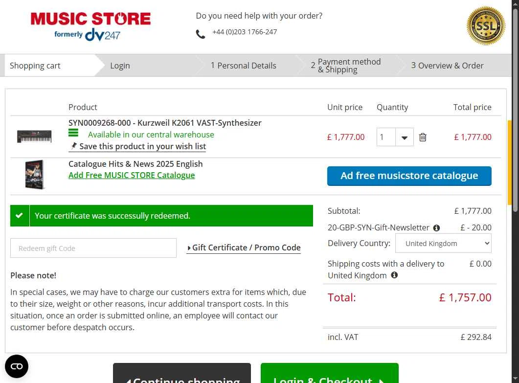 Music Store Professional checkout page showing Music Store Professional promo code box | Screenshot taken by SimplyCodes community member on Nov 19, 2025