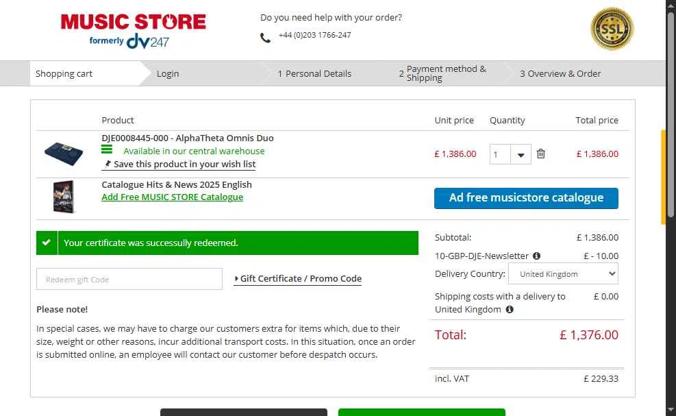 Music Store Professional checkout page showing Music Store Professional promo code box | Screenshot taken by SimplyCodes community member on Nov 11, 2025