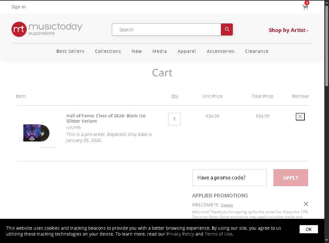 Musictoday checkout page showing Musictoday promo code box | Screenshot taken by SimplyCodes community member on Nov 19, 2025