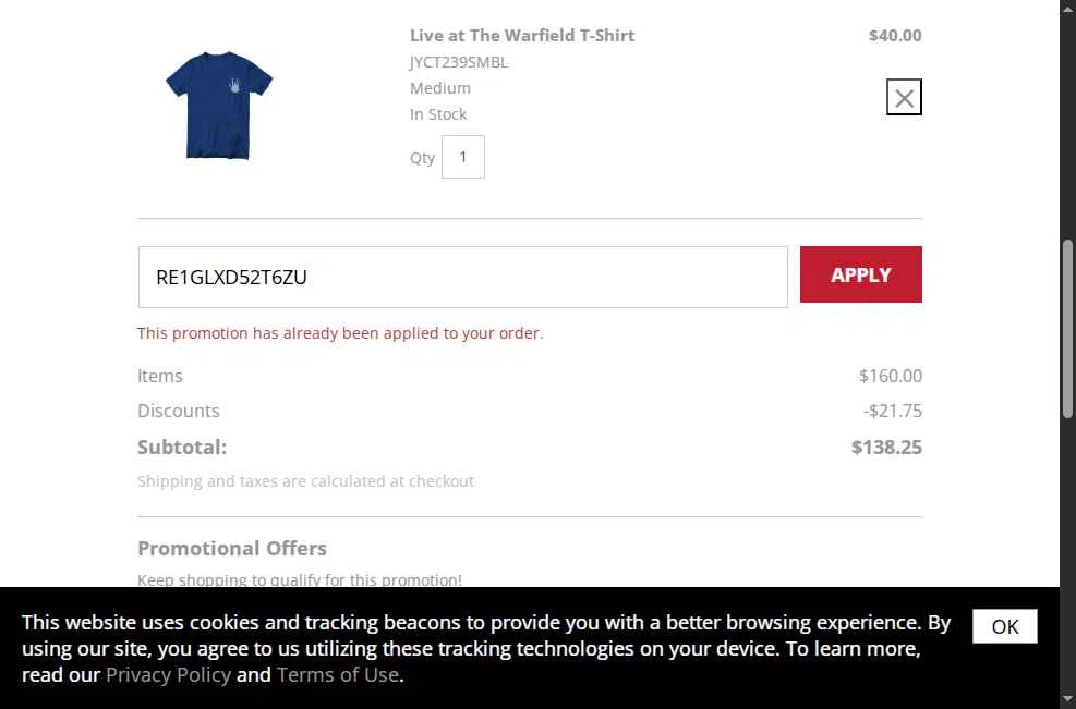 Musictoday checkout page showing Musictoday promo code box | Screenshot taken by SimplyCodes community member on Oct 28, 2025