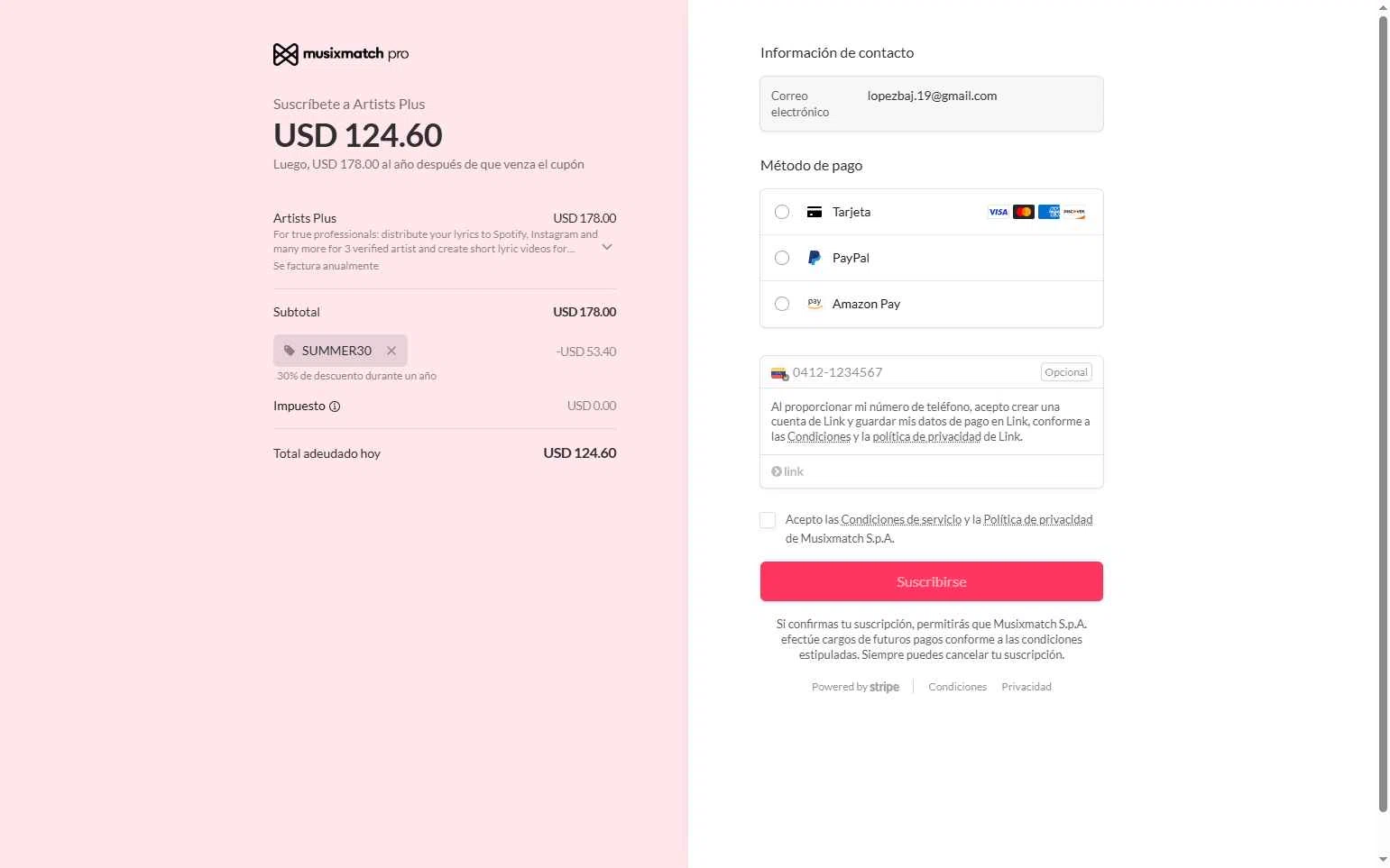Musixmatch checkout page showing Musixmatch promo code box | Screenshot taken by SimplyCodes community member on Jul 25, 2025