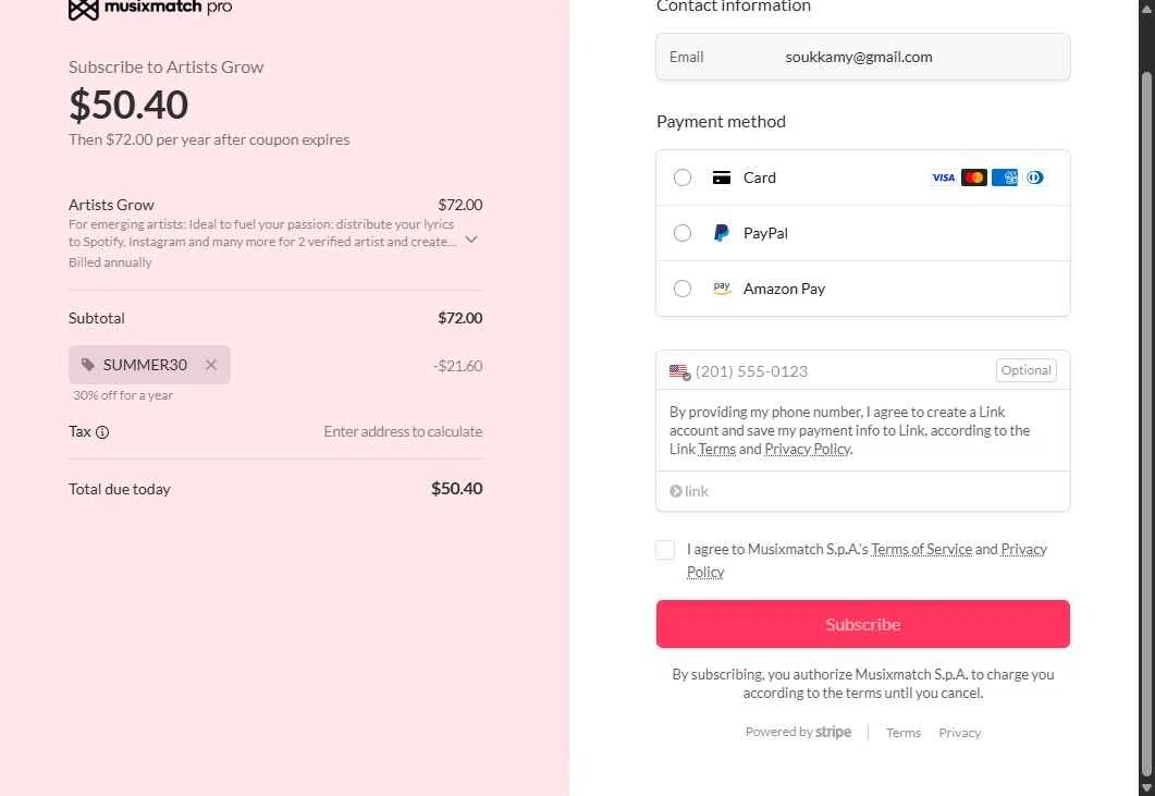 Musixmatch checkout page showing Musixmatch promo code box | Screenshot taken by SimplyCodes community member on Aug 3, 2025
