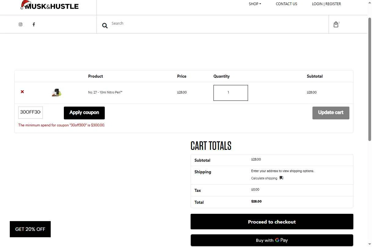 Musk & Hustle checkout page showing Musk & Hustle promo code box | Screenshot taken by SimplyCodes community member on Jan 6, 2026