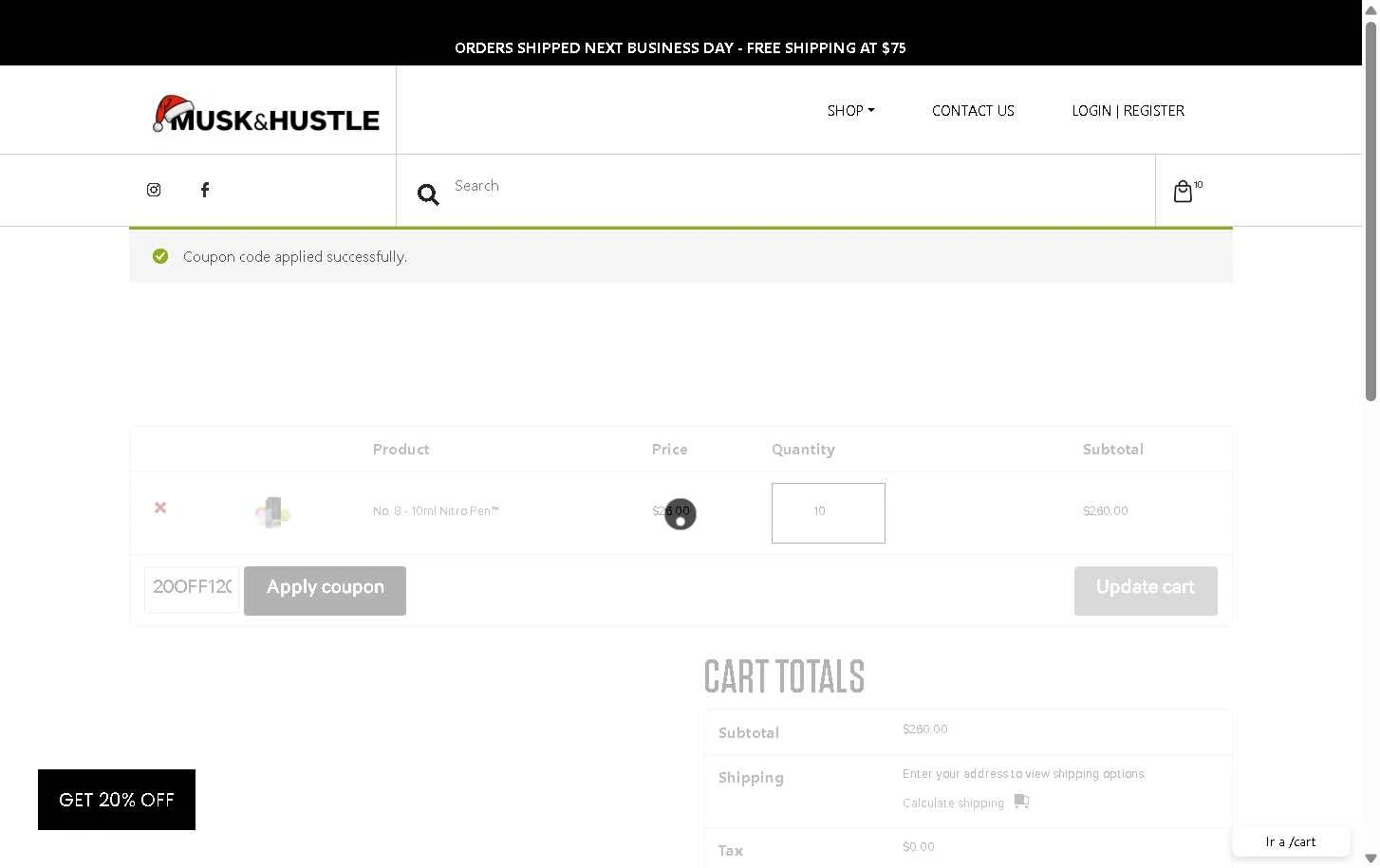 Musk & Hustle checkout page showing Musk & Hustle promo code box | Screenshot taken by SimplyCodes community member on Dec 11, 2025