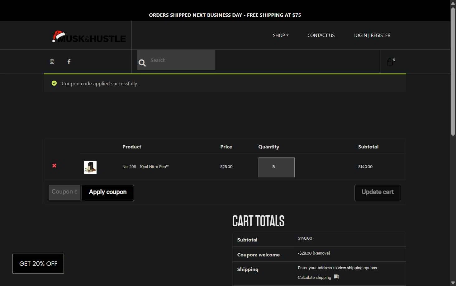 Musk & Hustle checkout page showing Musk & Hustle promo code box | Screenshot taken by SimplyCodes community member on Jan 6, 2026