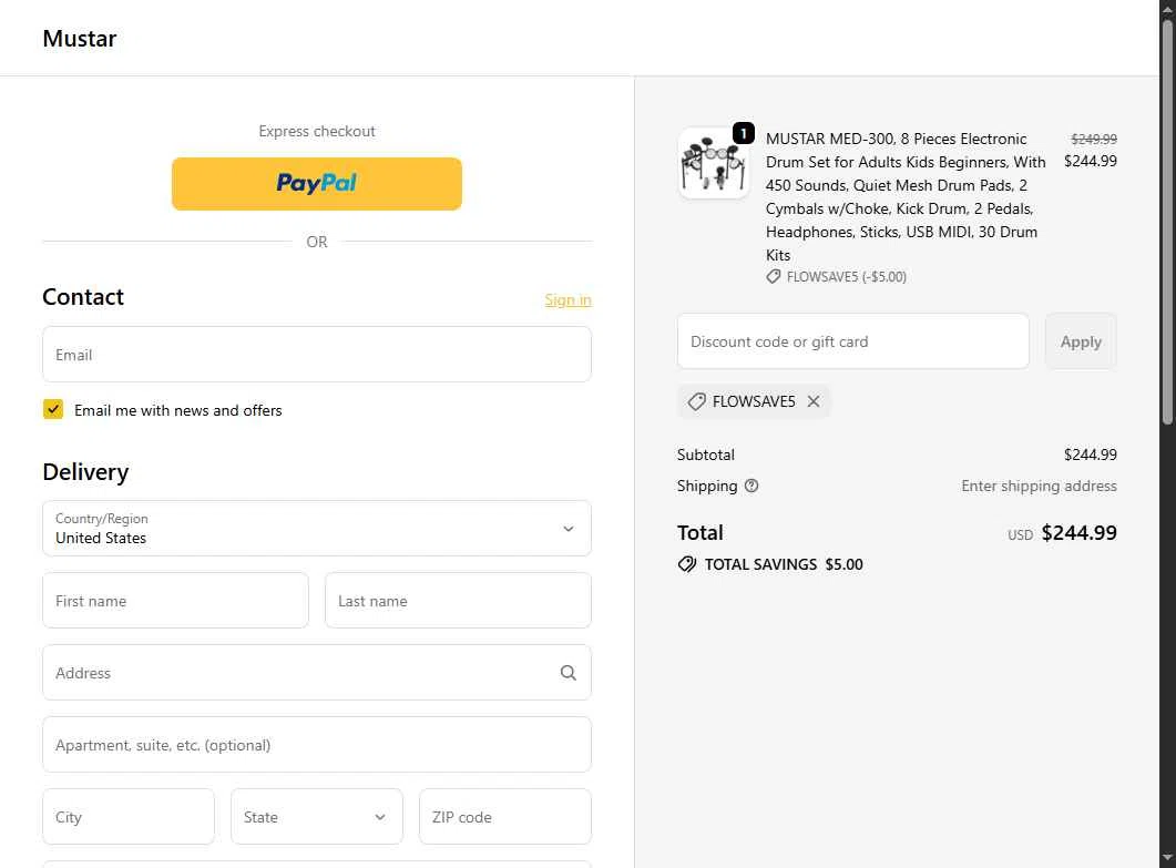 Mustar checkout page showing Mustar promo code box | Screenshot taken by SimplyCodes community member on Oct 20, 2025