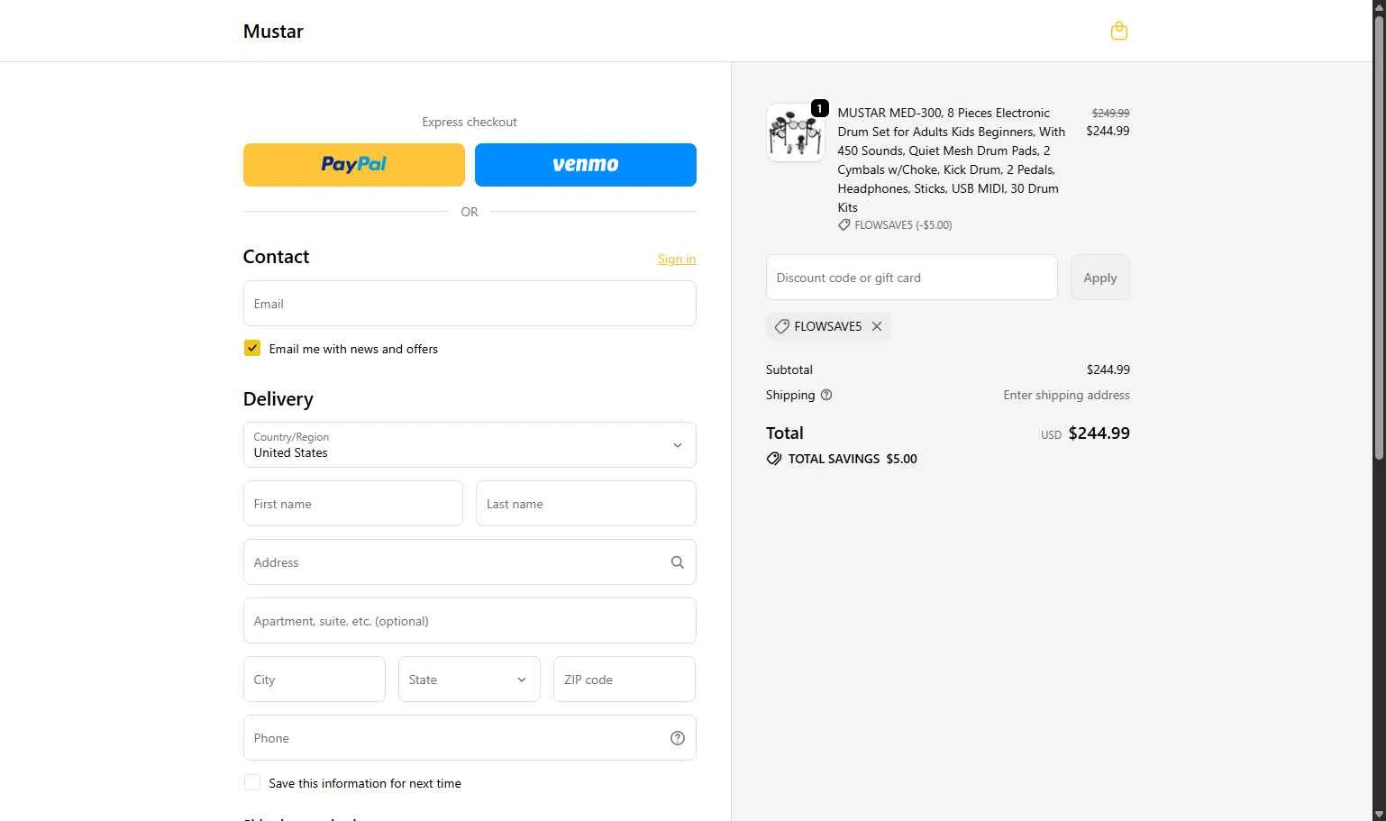 Mustar checkout page showing Mustar promo code box | Screenshot taken by SimplyCodes community member on Dec 25, 2025