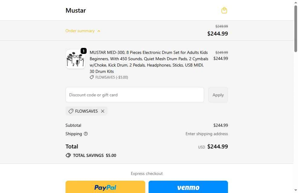 Mustar checkout page showing Mustar promo code box | Screenshot taken by SimplyCodes community member on Nov 26, 2025