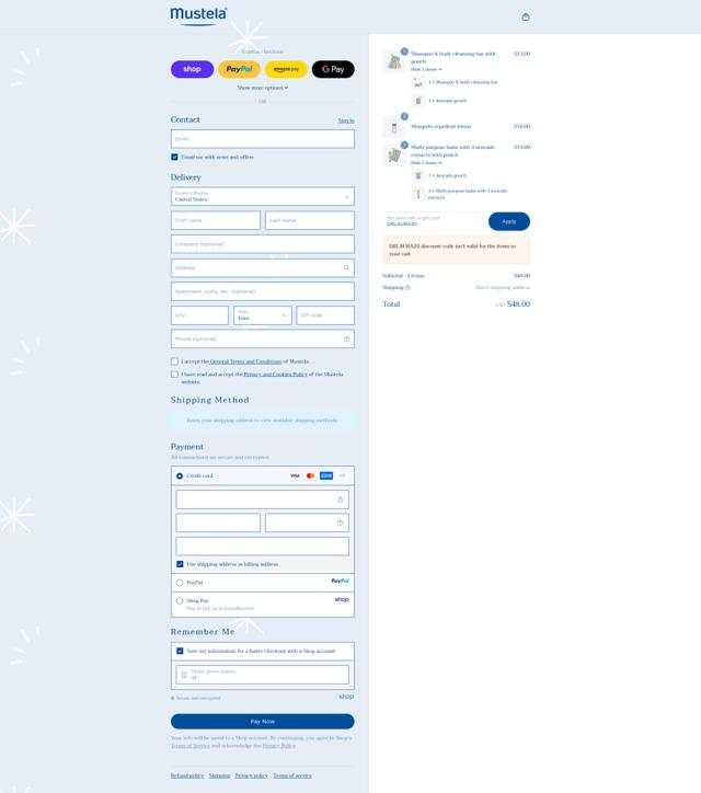 Mustela checkout page showing Mustela promo code box | Screenshot taken by SimplyCodes community member on Sep 12, 2025