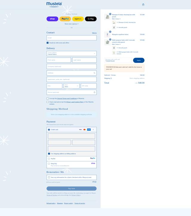 Mustela checkout page showing Mustela promo code box | Screenshot taken by SimplyCodes community member on Sep 12, 2025