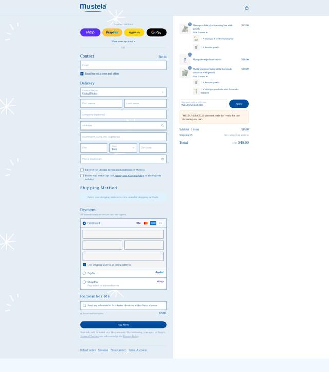 Mustela checkout page showing Mustela promo code box | Screenshot taken by SimplyCodes community member on Sep 12, 2025