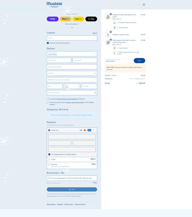 Mustela checkout page showing Mustela promo code box | Screenshot taken by SimplyCodes community member on Sep 12, 2025